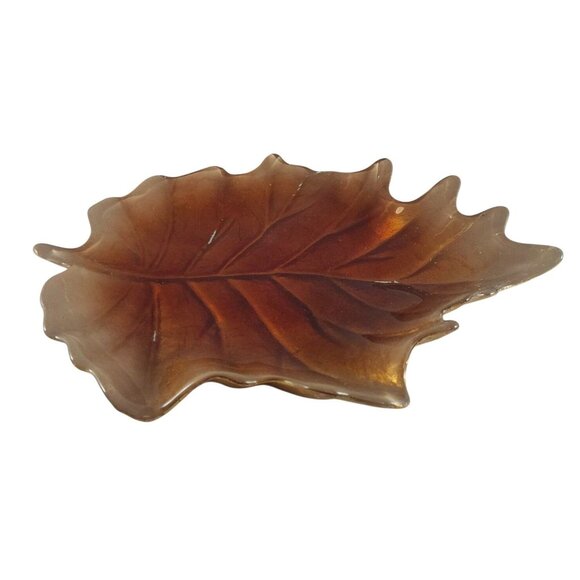 Vintage Amber Glass Leaf Shaped Trinket Dish - Picture 3 of 10